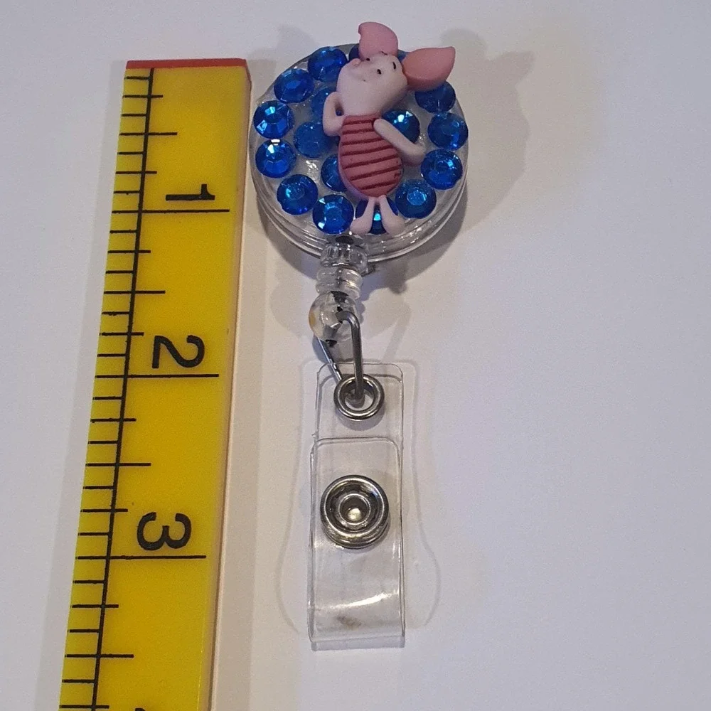Disney Piglet Winnie the Pooh Retractable Badge Reel Blue Rhinestone‎ ID Holder